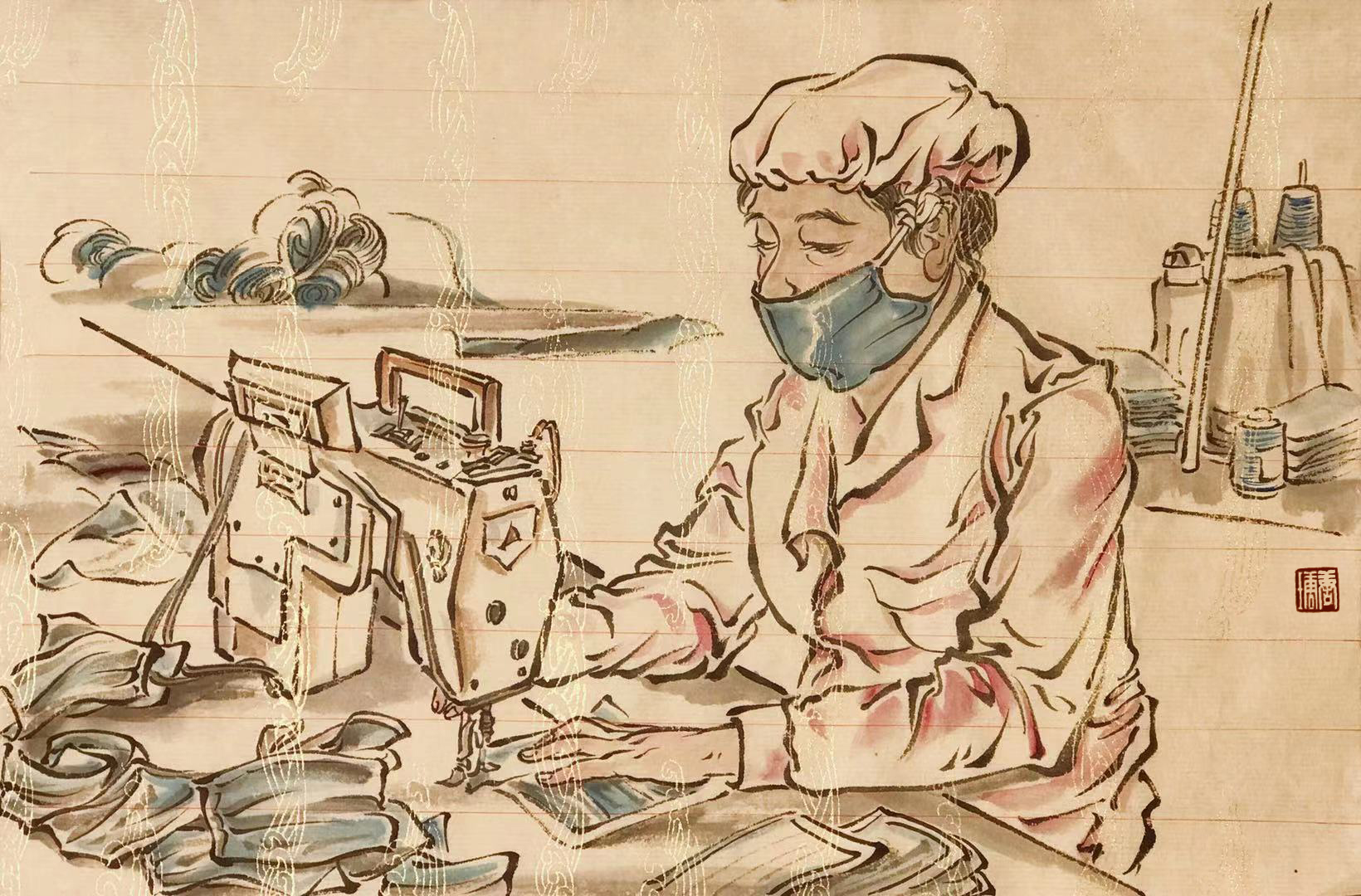 国画速写《鸣机不已》 唐瑭  广州市美术中学.jpg