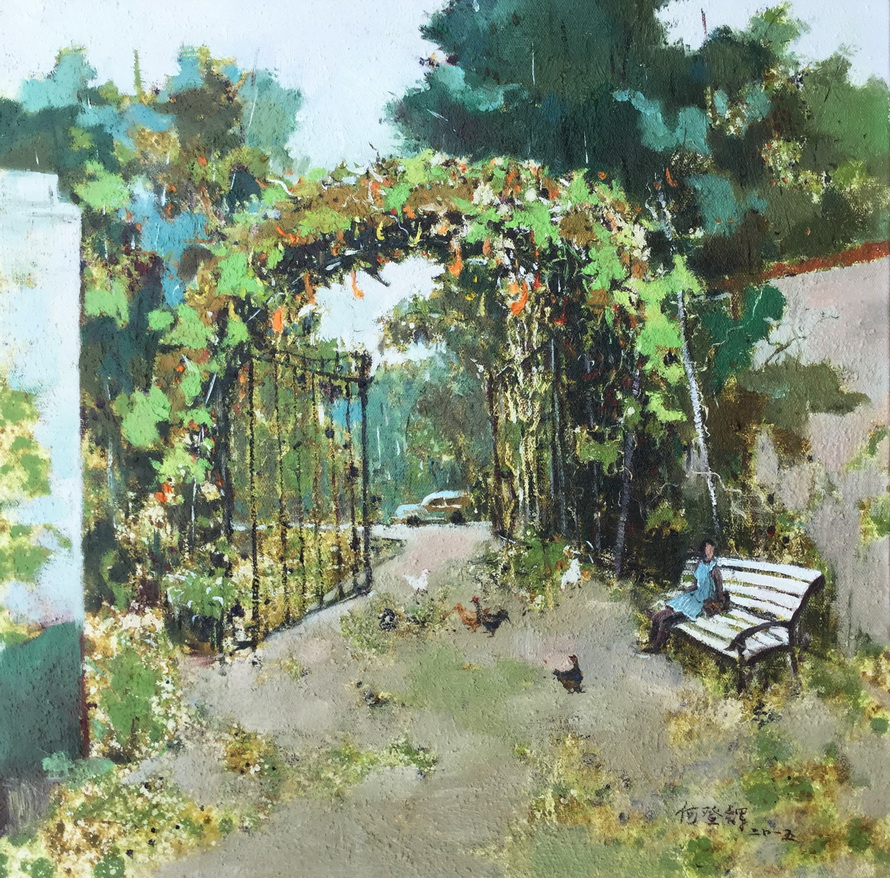 瓜藤下的院子60-60cm油画，2015年_调整大小.jpg